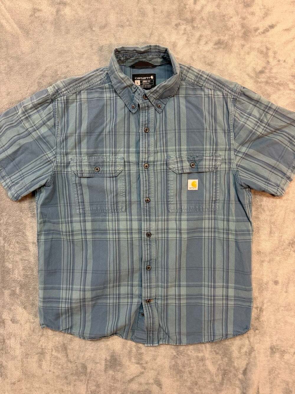 Carhartt Loose Fit Short Sleeve Plaid Shirt Blue Large